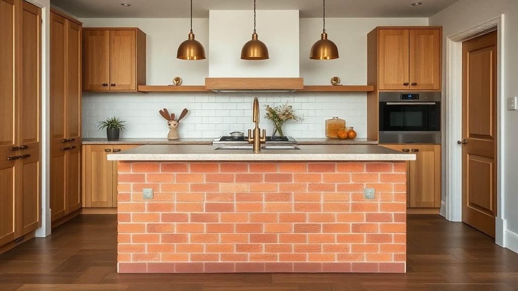 Îlot de cuisine en carreaux rouge brique avec bois naturel et détails en laiton