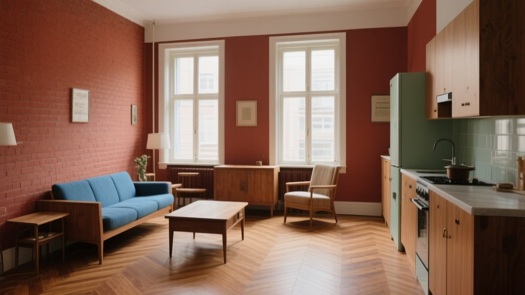 Intérieur d’appartement terracotta avec murs brique, parquet en chêne et mobilier vintage sous lumière naturelle