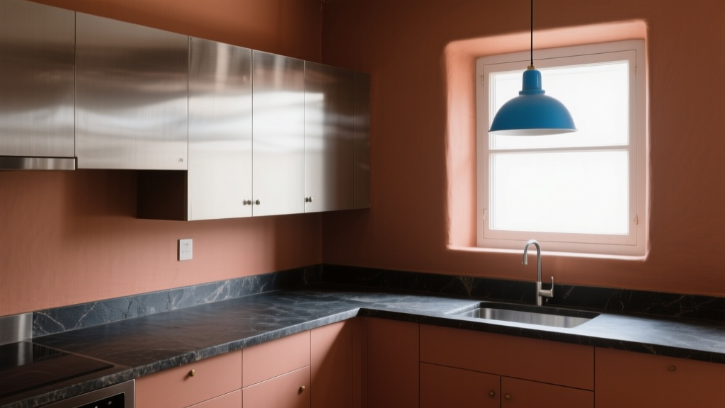 Cuisine terracotta avec plan sombre, inox et suspension bleue éclairée par la lumière naturelle