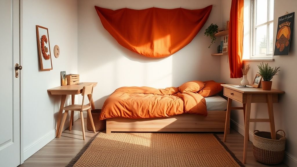 Petite chambre d’étudiant en terracotta avec lit compact, bureau en bois clair et lumière naturelle