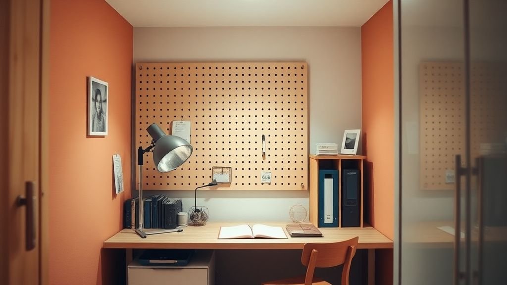 Coin bureau compact en chambre d’étudiant terracotta avec pegboard, lampe orientable et matières naturelles