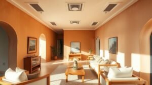 Salon terracotta lumineux avec climatisation invisible intégrée au plafond et matières naturelles
