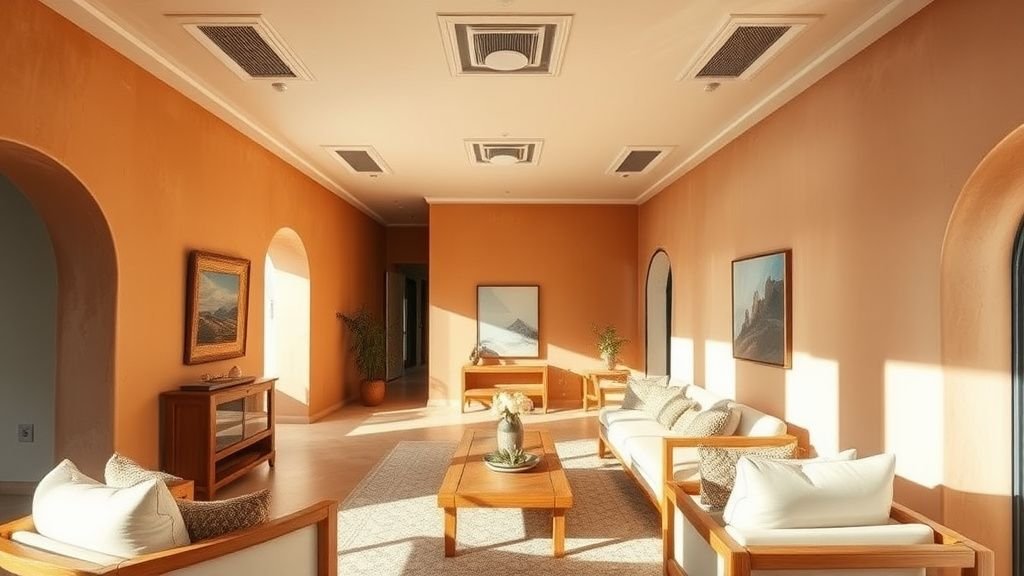 Salon terracotta lumineux avec climatisation invisible intégrée au plafond et matières naturelles