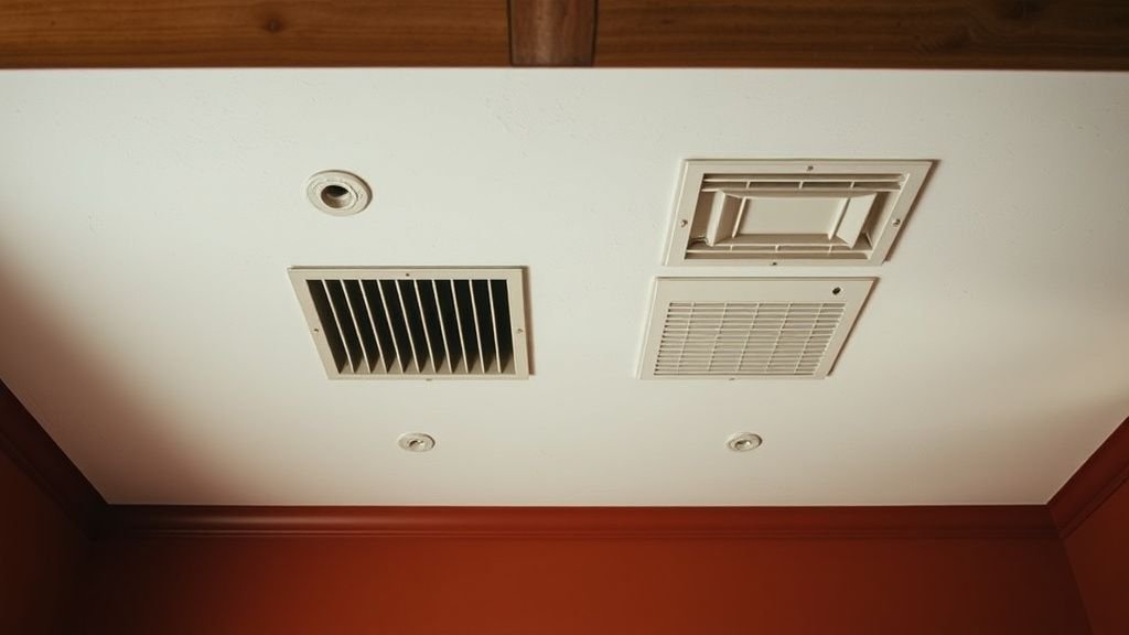 Détail de plafond avec grilles discrètes dans un intérieur terracotta rénové