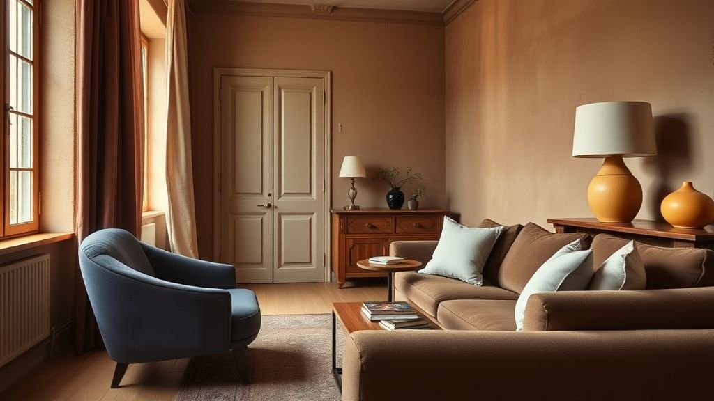 Salon chaleureux aux tons terracotta avec fauteuil bleu violacé, canapé brun et lampe jaune beurre