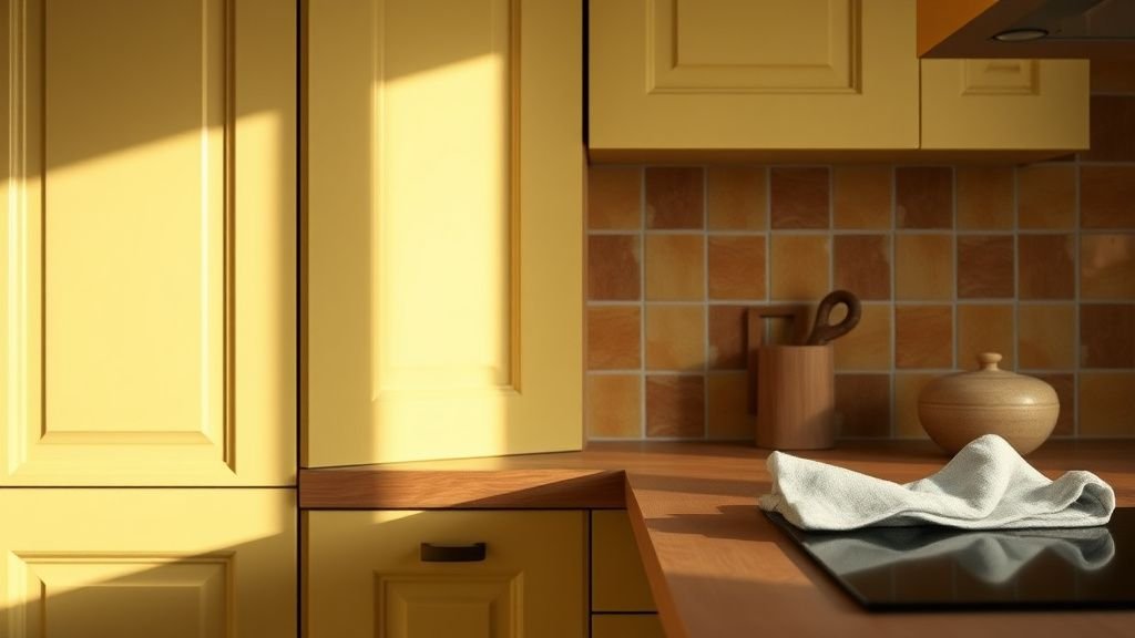 Cuisine aux façades jaune beurre avec zellige artisanal, bois clair et lumière naturelle douce