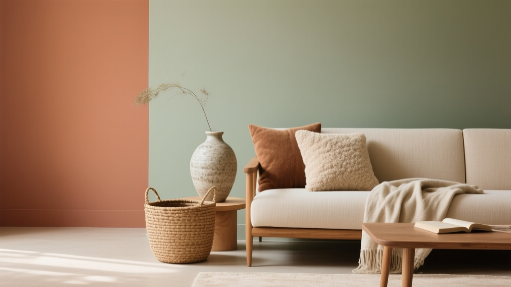 Salon chaleureux en terracotta avec céramique texturée, bois naturel et coussins bouclés
