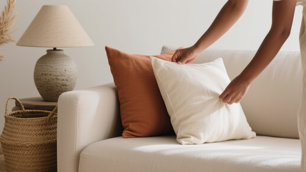 Mains disposant des coussins terracotta sur un canapé neutre avec panier tressé et lampe en céramique
