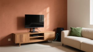 Salon contemporain avec coin gaming discret, mur terracotta, bois clair et textiles chaleureux