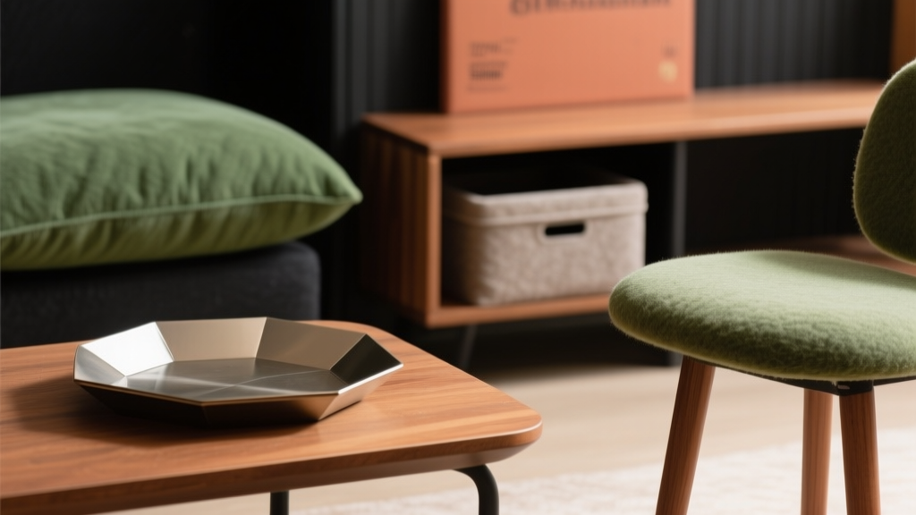 Gros plan sur des matières terracotta, bois et feutre dans un coin gaming décoratif