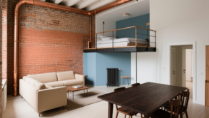 Duplex terracotta avec grande hauteur sous plafond, brique apparente, mezzanine et matières chaudes