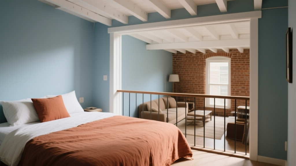 Mezzanine terracotta avec chambre bleu doux, vue sur le salon en brique et matières naturelles