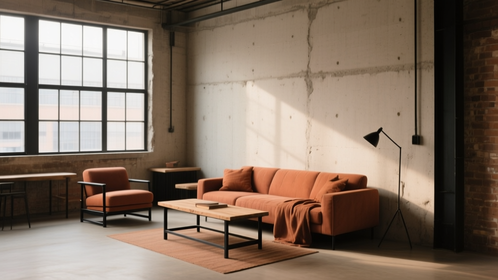 Loft terracotta avec béton brut, bois chaud et canapé en tissu rouille sous une grande lumière naturelle