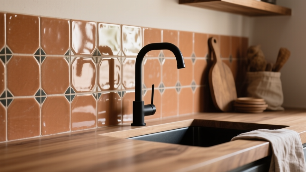 Crédence en zellige terracotta avec plan de travail en bois et robinet noir dans une cuisine atelier