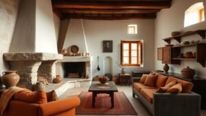 Intérieur de maison ancienne avec cheminée en pierre, murs blanc cassé, bois patiné et accents terracotta