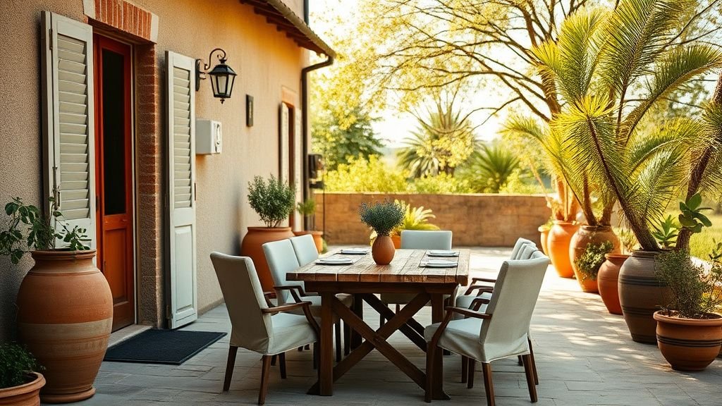 Patio simple avec table en bois, pots en terre cuite et chaises en lin au milieu des arbres