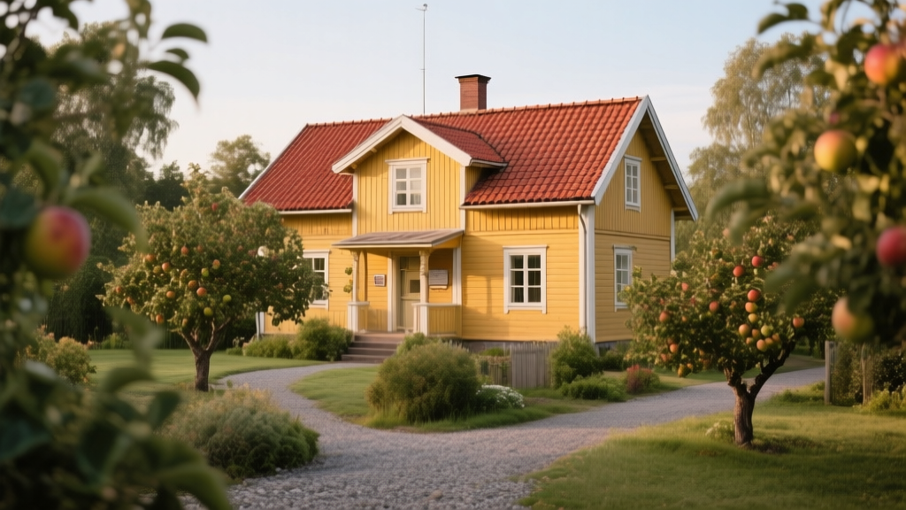 Maison bois jaune ancienne entourée d’un jardin mature avec toiture rouge et allées de gravier