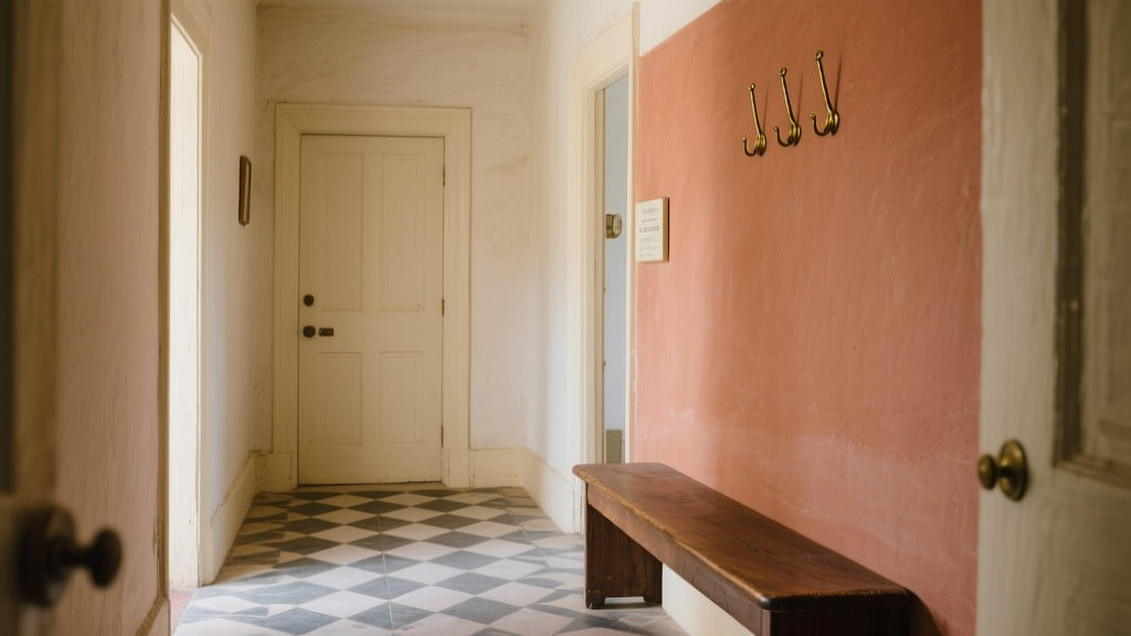 Entrée d’une maison ancienne avec sol à damier, murs à la chaux et accent terracotta discret