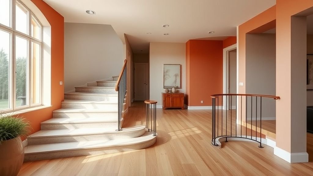 Intérieur contemporain avec escalier courbe, bois chaud et accents terracotta sous une lumière naturelle