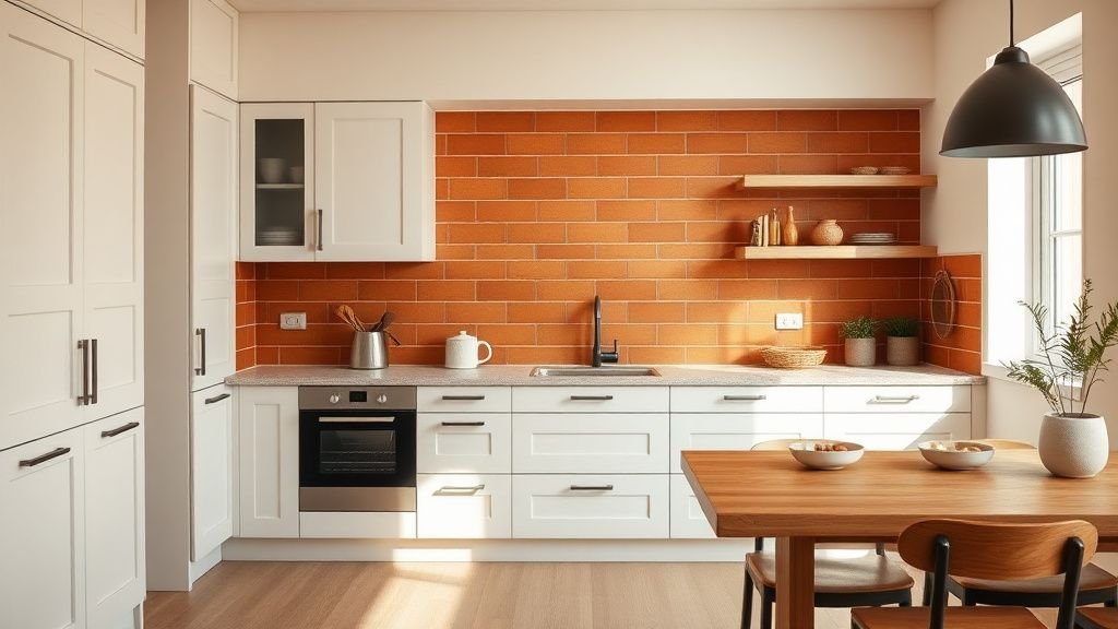 Cuisine contemporaine avec crédence en zellige terracotta, meubles clairs et bois chaud