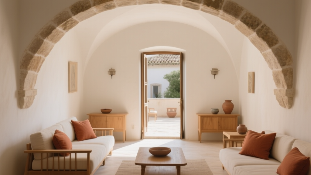 Intérieur d’une maison de ville terracotta avec pierre ancienne, chaux blanche et patio lumineux
