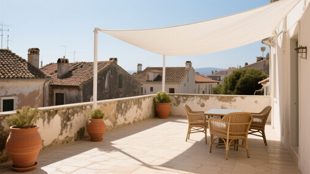 Terrasse méditerranéenne avec pots en terre cuite, voile blanc et vue sur les toits anciens