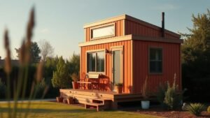Maison modulaire compacte aux accents terracotta avec terrasse en bois et lumière naturelle