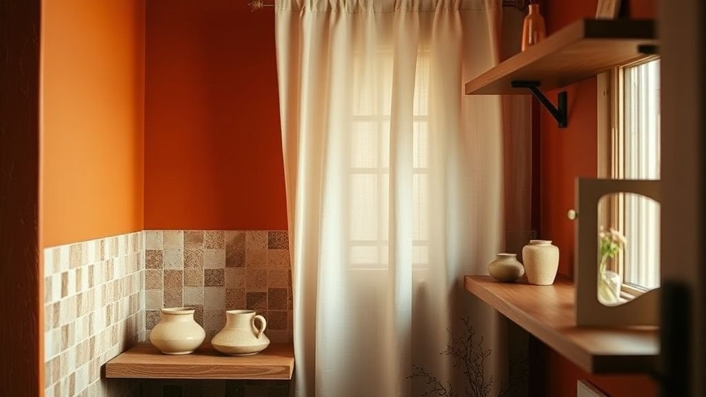 Intérieur compact avec mur terracotta, zellige et bois chaud sous une lumière douce