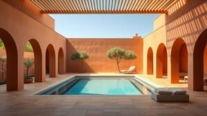 Pool house terracotta avec enduit chaud, sol en pierre et vue ouverte sur la piscine