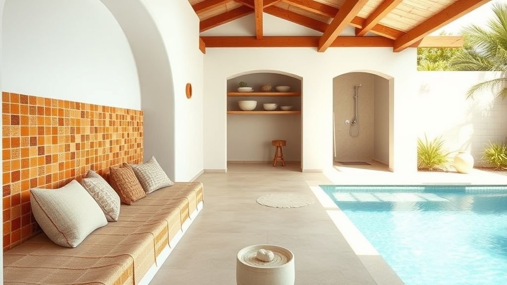 Intérieur de pool house terracotta avec zellige, banc intégré et matières naturelles