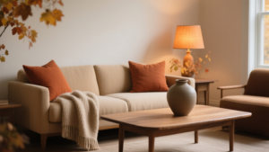 Salon terracotta cosy en automne avec canapé beige, plaid en laine et lumière douce