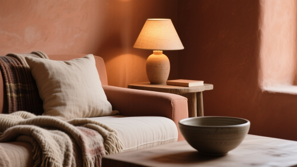 Coin de salon terracotta avec textiles superposés, céramique mate et lampe à lumière chaude
