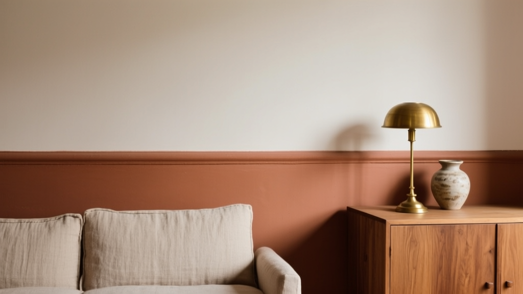 Soubassement terracotta dans un salon avec lin, bois clair et objets en céramique