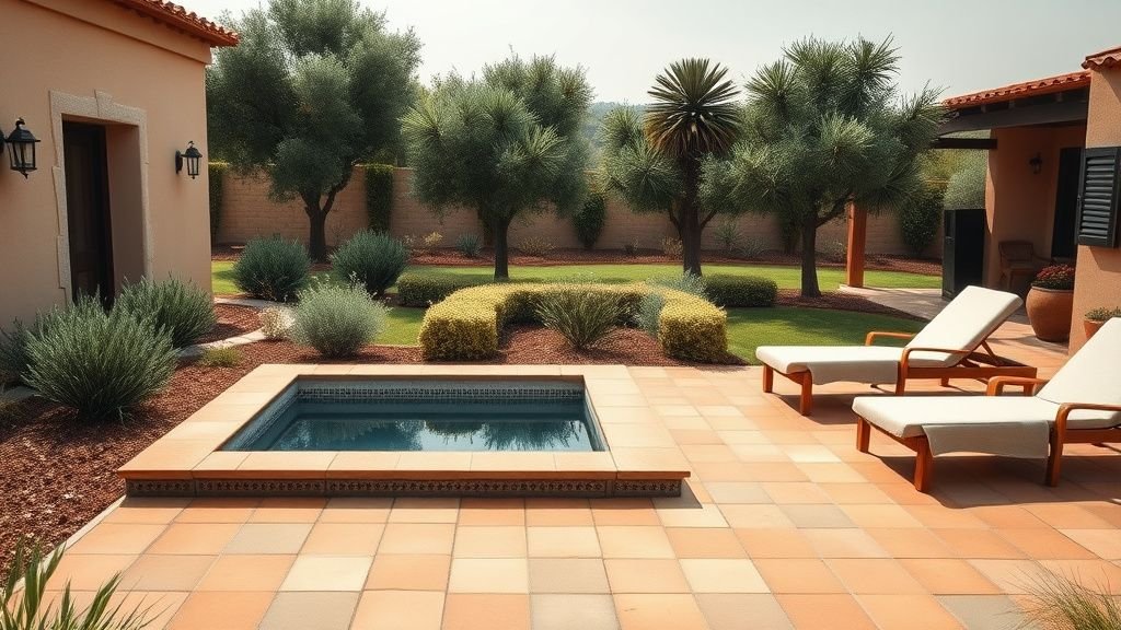 Jardin compact avec spa de nage, terrasse en terracotta et matières naturelles sous lumière douce