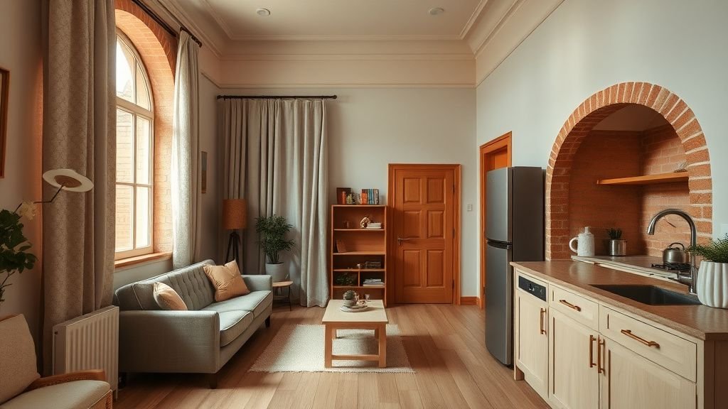 Studio terracotta lumineux dans un immeuble ancien, avec moulures, bois clair et accents de matière chaude