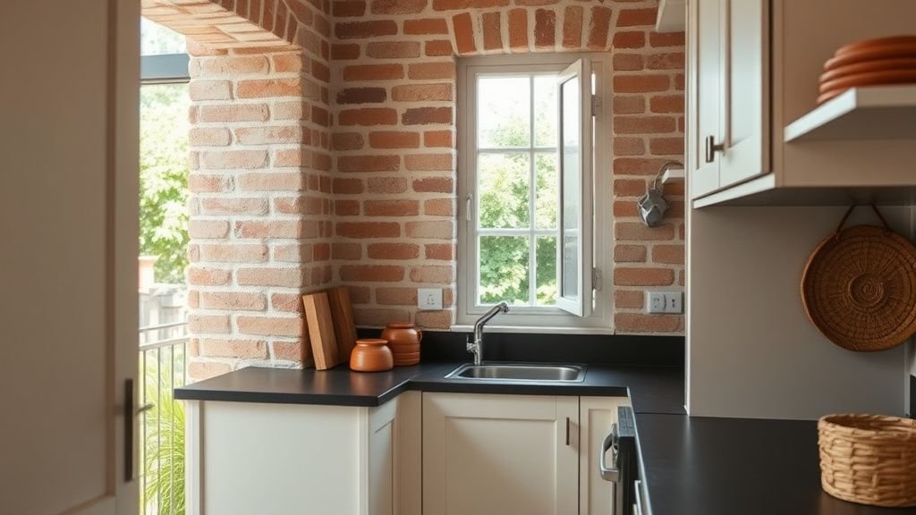 Coin cuisine avec brique apparente, meubles clairs et céramiques terracotta près d’un balcon verdoyant