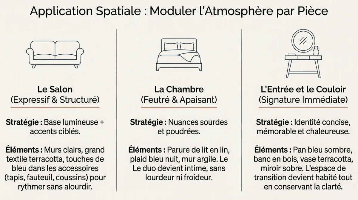 Infographie Comment utiliser terracotta et bleu pièce par pièce