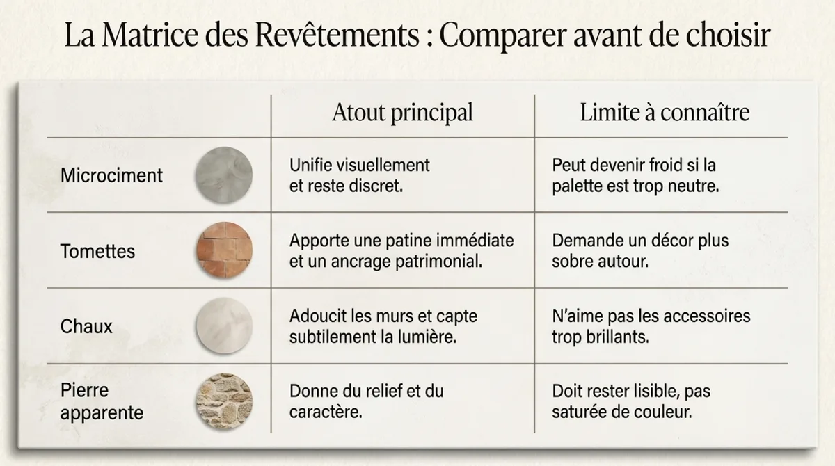 Infographie Le sol et les murs : microciment, tomettes et chaux comme colonne vertébrale