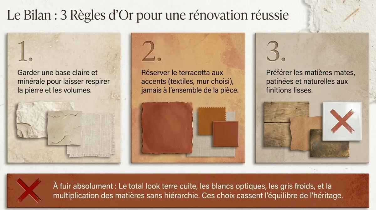 Infographie Trois règles à retenir pour une maison ancienne terracotta réussie