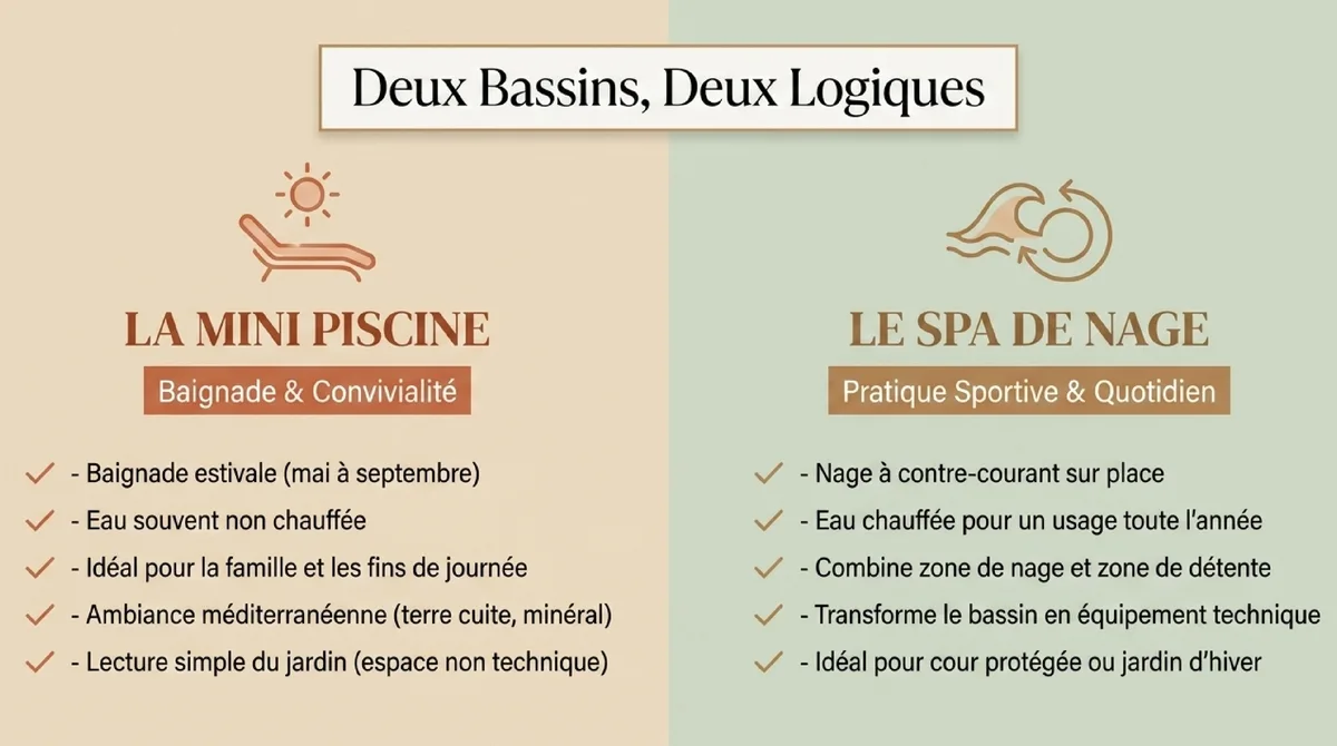 Infographie Spa de nage ou mini piscine : deux usages, deux logiques
