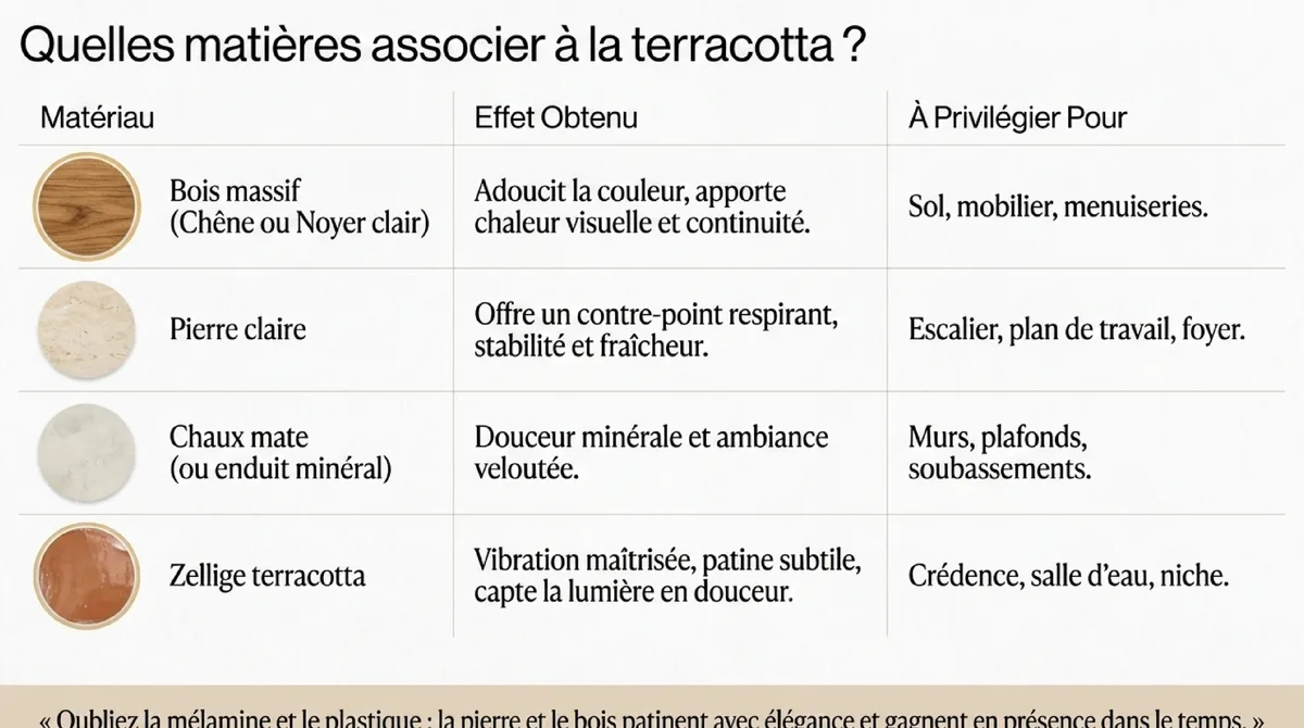 Infographie Quelles matières associer à la terracotta dans une maison moderne
