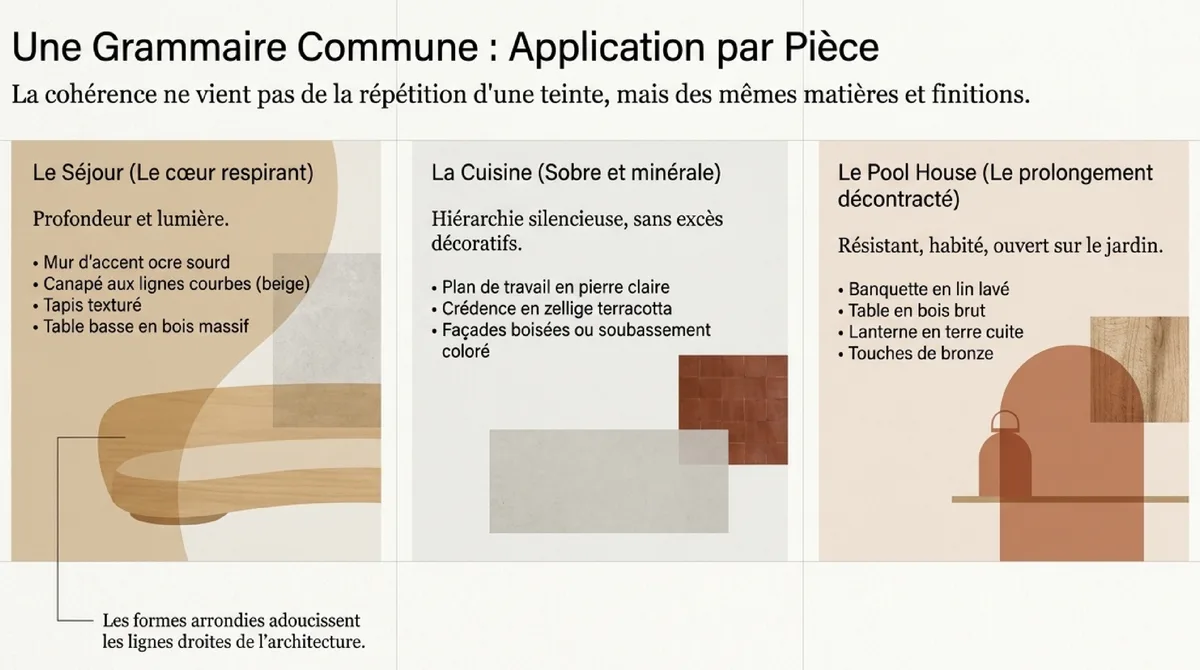 Infographie Le séjour, la cuisine et le pool house : trois lieux pour une même palette