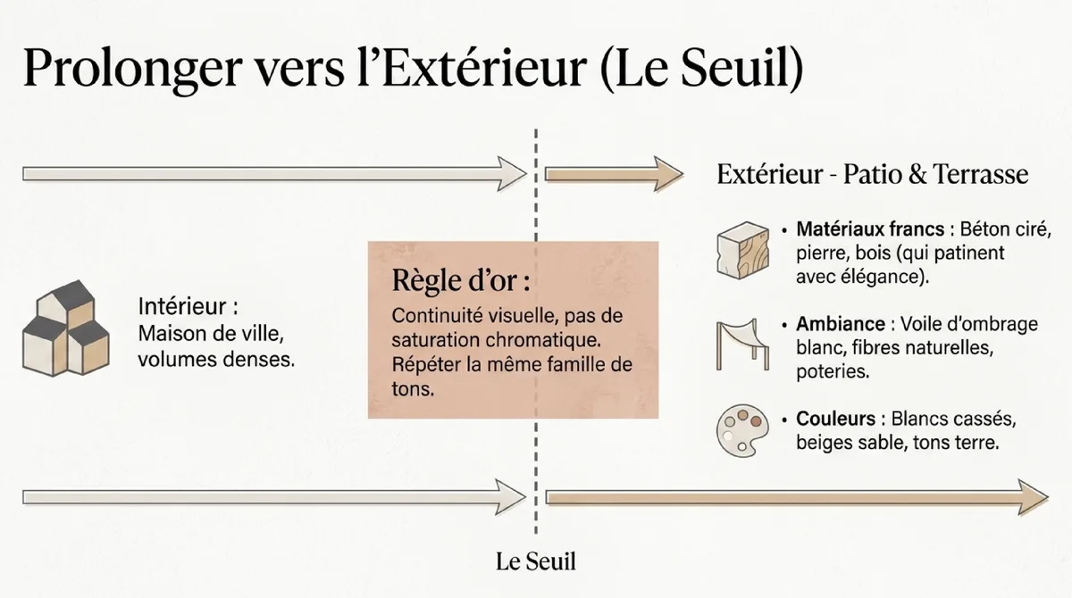Infographie Terrasses, patio et extérieur : prolonger la maison sans surcharge