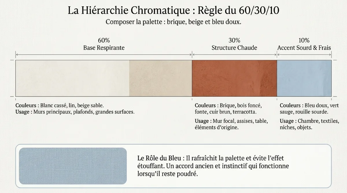 Infographie Composer la palette : brique, beige et bleu doux