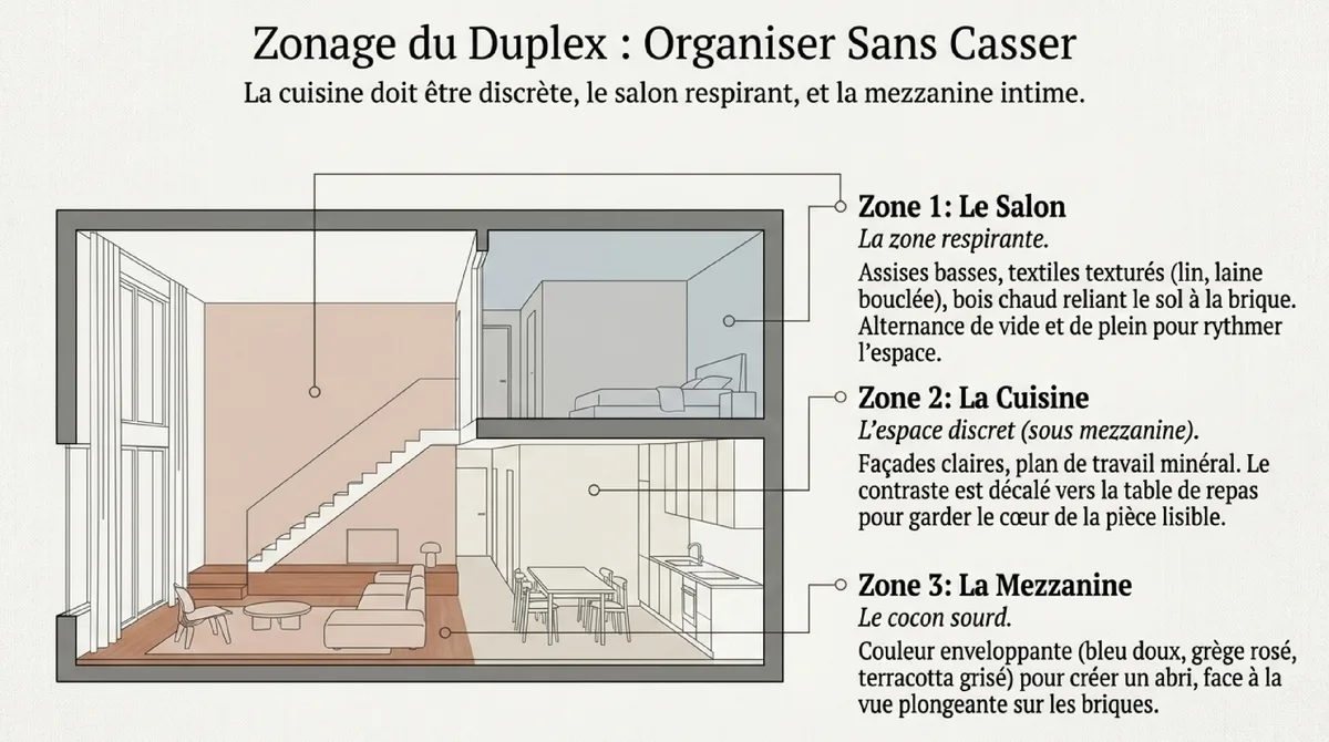 Infographie Mezzanine, cuisine et salon : organiser le volume sans le casser