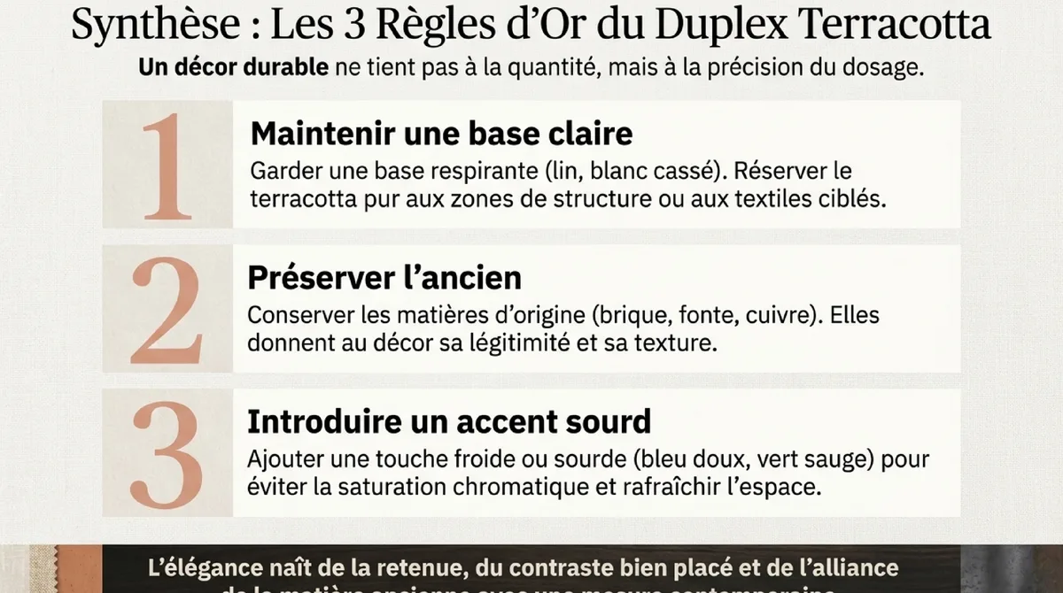 Infographie Trois règles à retenir pour un duplex terracotta durable