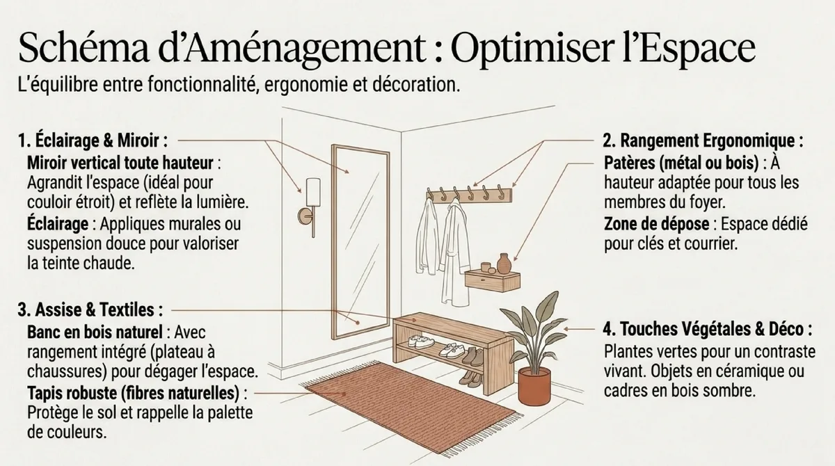 Infographie Aménagement, mobilier et accessoires pour une entrée terracotta accueillante