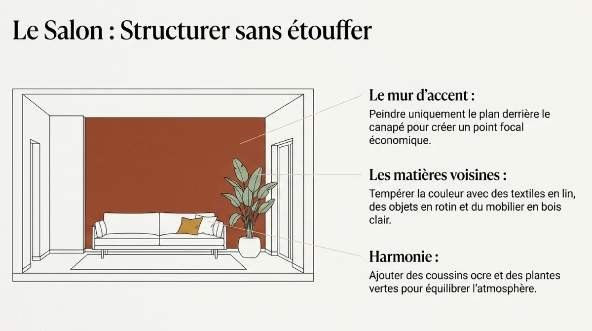 Infographie Comment intégrer la peinture terracotta pas cher par pièce : salon, chambre, cuisine et salle de bain