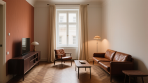 Salon d’un appartement ancien avec accents terracotta, bois sombre et parquet en chevrons sous lumière naturelle