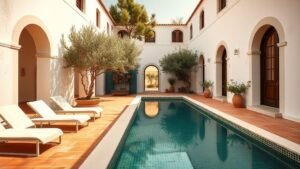 Cour intérieure d’une maison méditerranéenne avec tomettes, arches blanches et piscine aux reflets verts